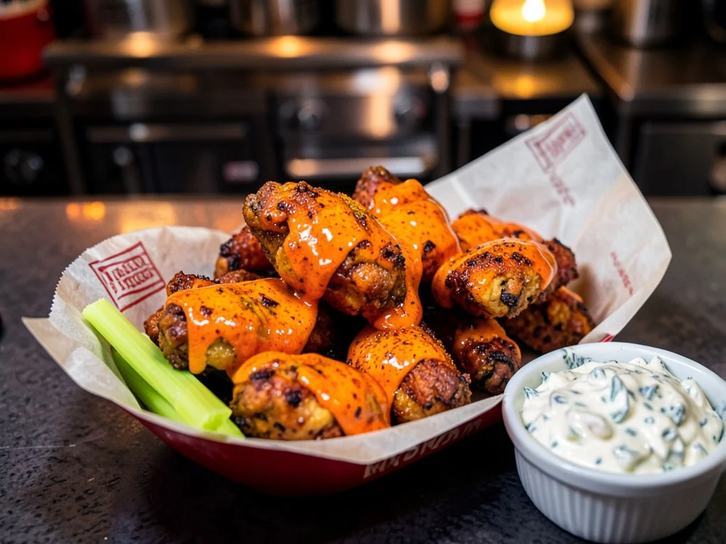 Crispy Baked Buffalo Chicken Wings in a diner basket with celery and blue cheese dip