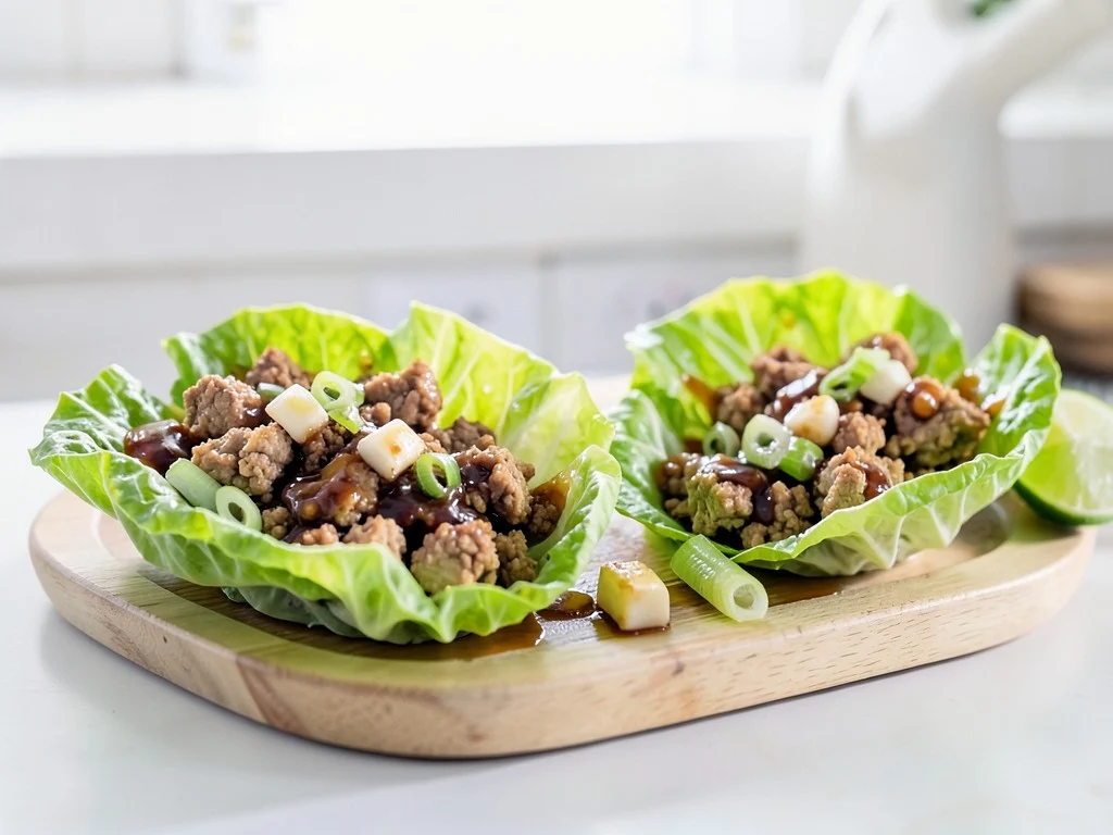 Asian Ground Chicken Lettuce Wraps in butter lettuce cups on wooden board with lime
