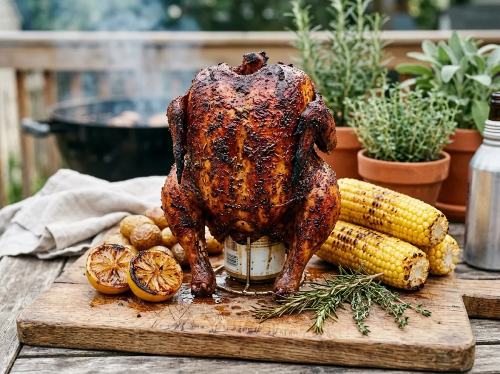 Whole beer can chicken roasted upright with crisp smoked paprika dry rub on cutting board