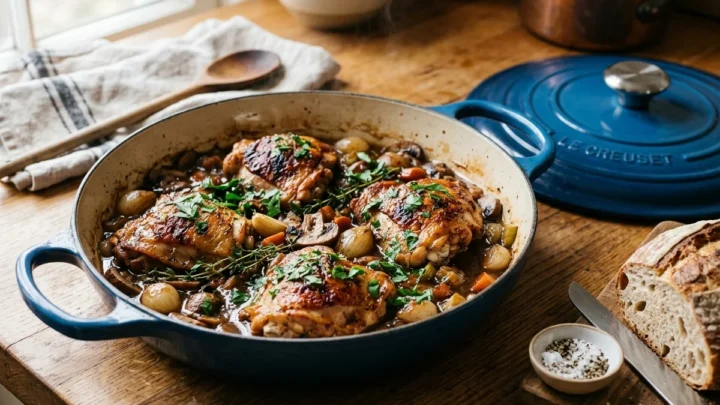 French Braised Chicken Thighs in White Wine and Herbs