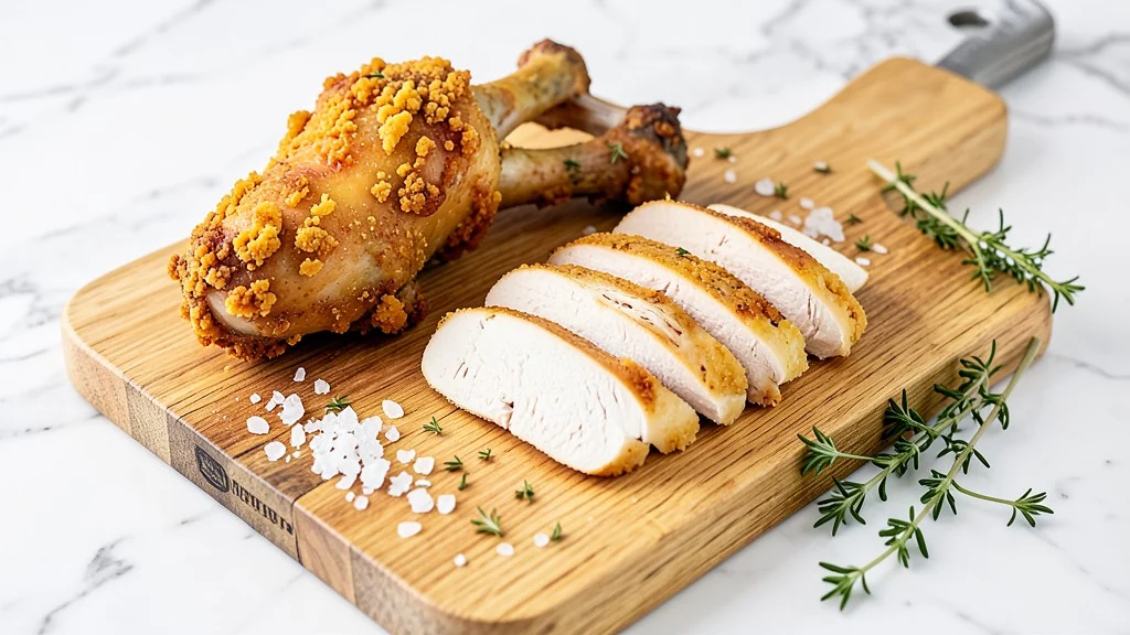 Golden bone in chicken thighs and juicy sliced boneless chicken thighs on a butcher board