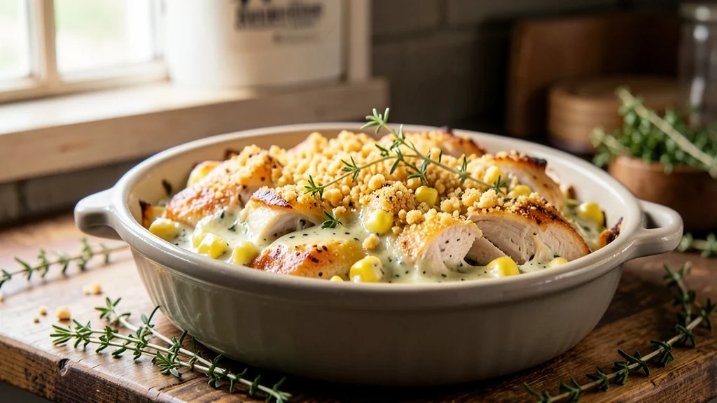 Rotisserie Chicken Comfort Casserole baked with creamy herb sauce sweet corn and buttery cracker topping