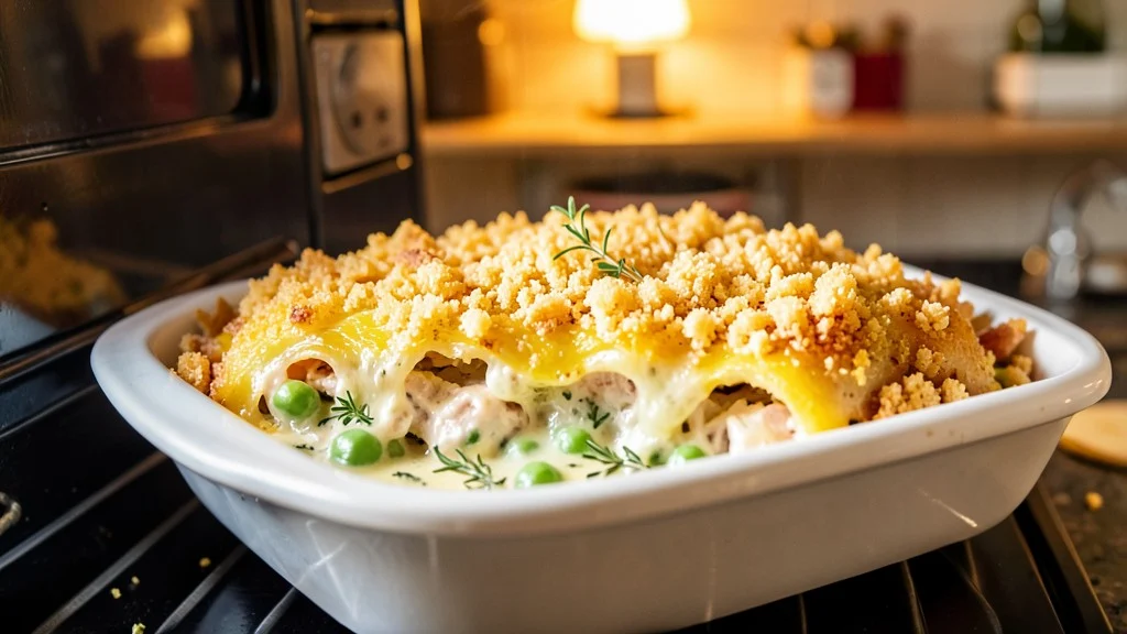 Classic Chicken Casserole with Cream of Chicken Soup and golden buttery crushed crackers