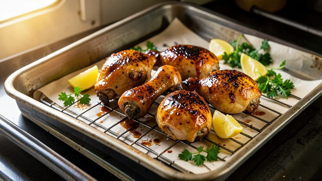 Crispy Oven Baked Chicken Drumsticks roasted on a rimmed baking sheet with wire rack