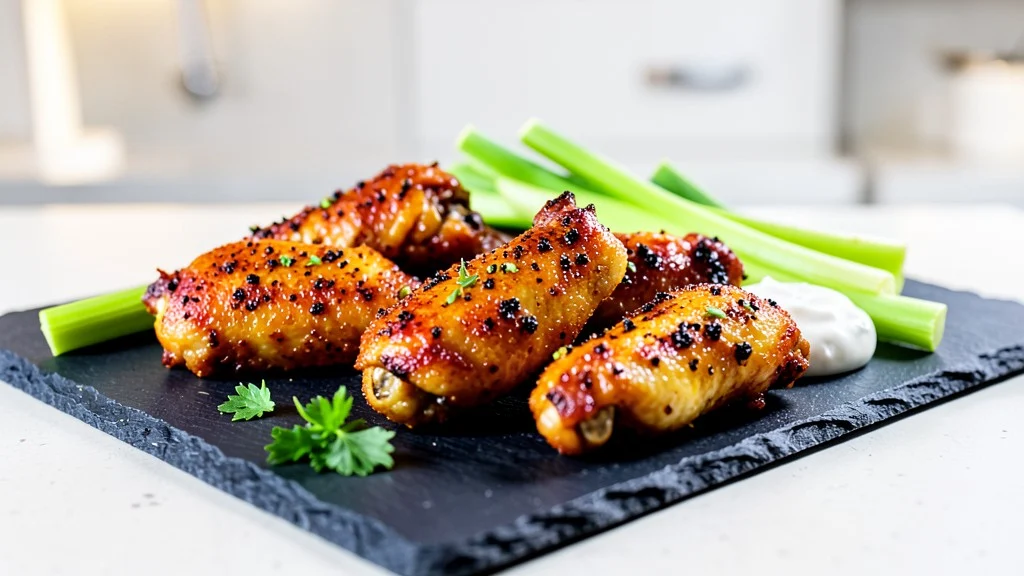 Crispy High Protein Chicken Wings served on slate board with celery and yogurt dip
