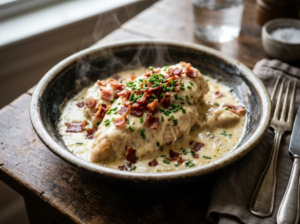 Tender slow-cooked chicken breast in creamy garlic sauce topped with crispy crumbled bacon and fresh chives