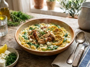 Lemon Herb Crockpot Chicken Orzo