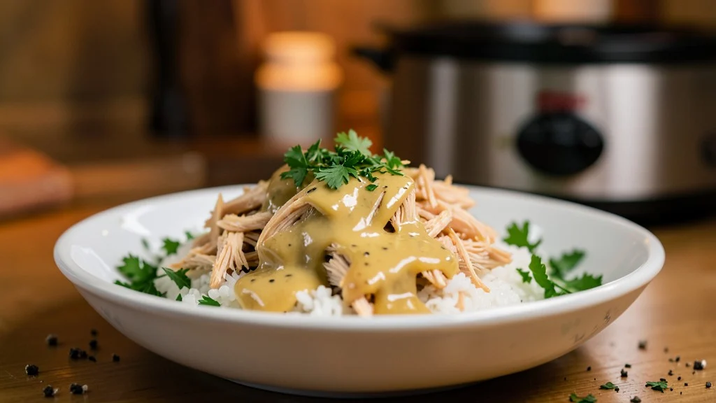 Crockpot Chicken with Cream of Chicken Soup tender shredded chicken in rich savory gravy over fluffy rice