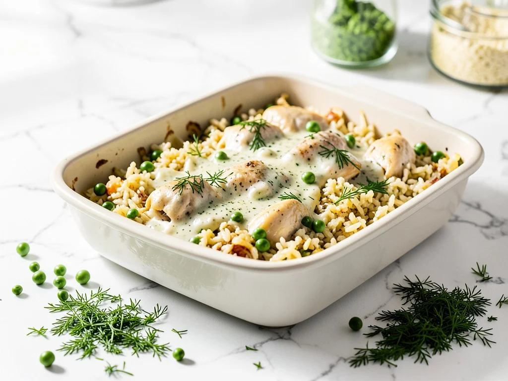 Dairy-Free Chicken and Rice Casserole with creamy garlic sauce and green peas in a ceramic baking dish