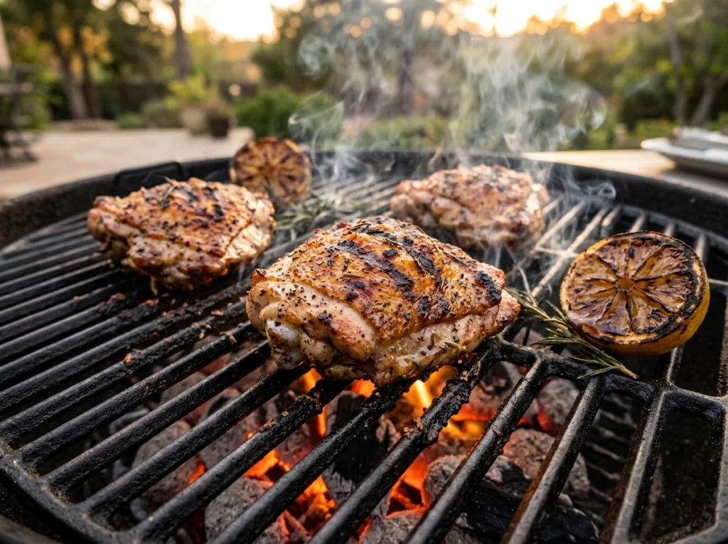 Crispy bone-in chicken thighs sizzling over glowing charcoal grill grates