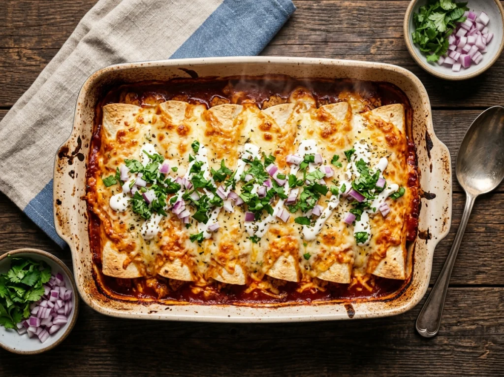 Cheesy Ground Chicken Enchiladas Baked with Melted Cheddar
