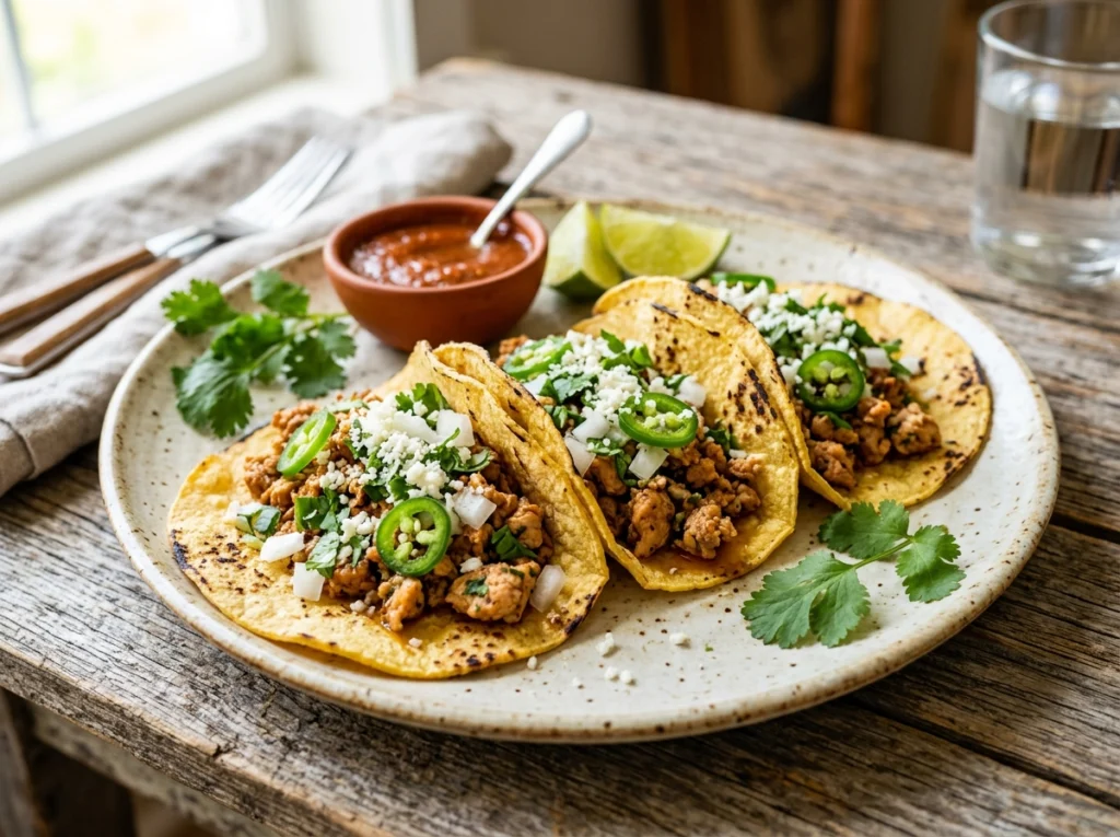 Mexican seasoned ground chicken tacos garnished with cilantro, lime, and avocado