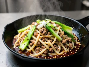 Garlic Sesame Ground Chicken Udon Noodles (15 Minute Sweet and Spicy Skillet)