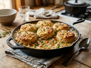 Skillet Chicken Pot Pie with Buttermilk Biscuits (No Soggy Crust)