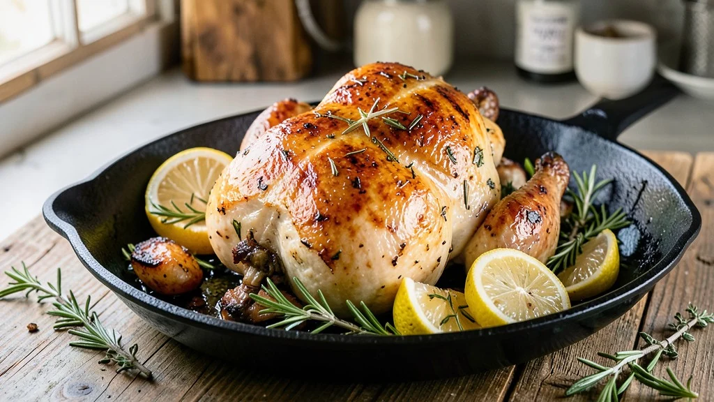 What is a Whole Chicken Fryer tender roasted whole young chicken in cast iron skillet with fresh herbs