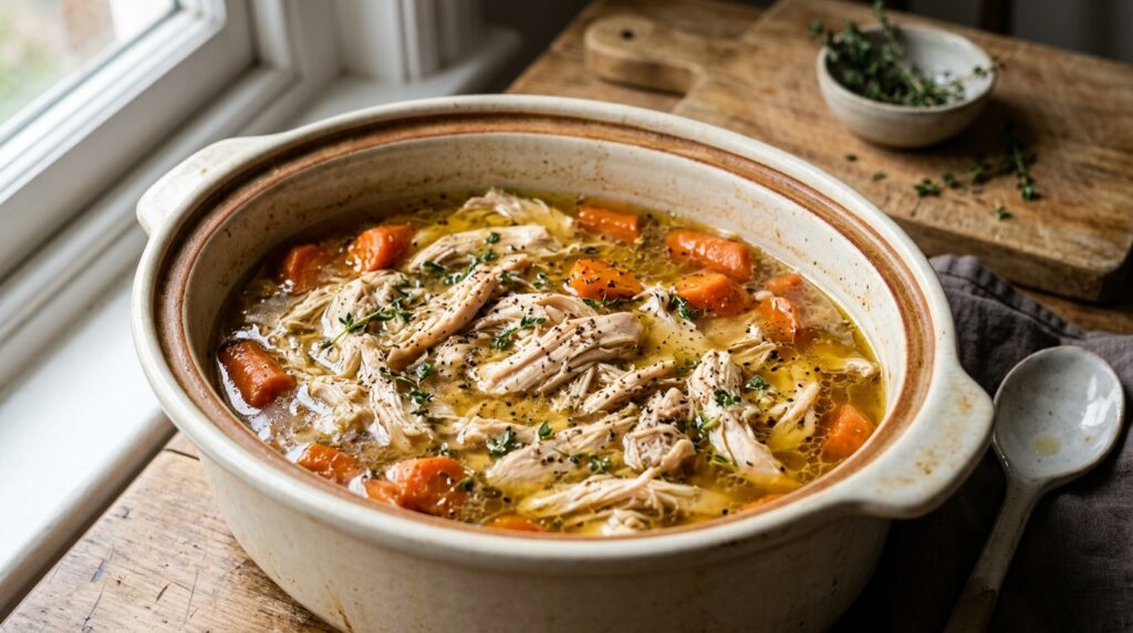 Tender slow cooked shredded chicken breast with sliced carrots and fresh thyme in a ceramic slow cooker pot